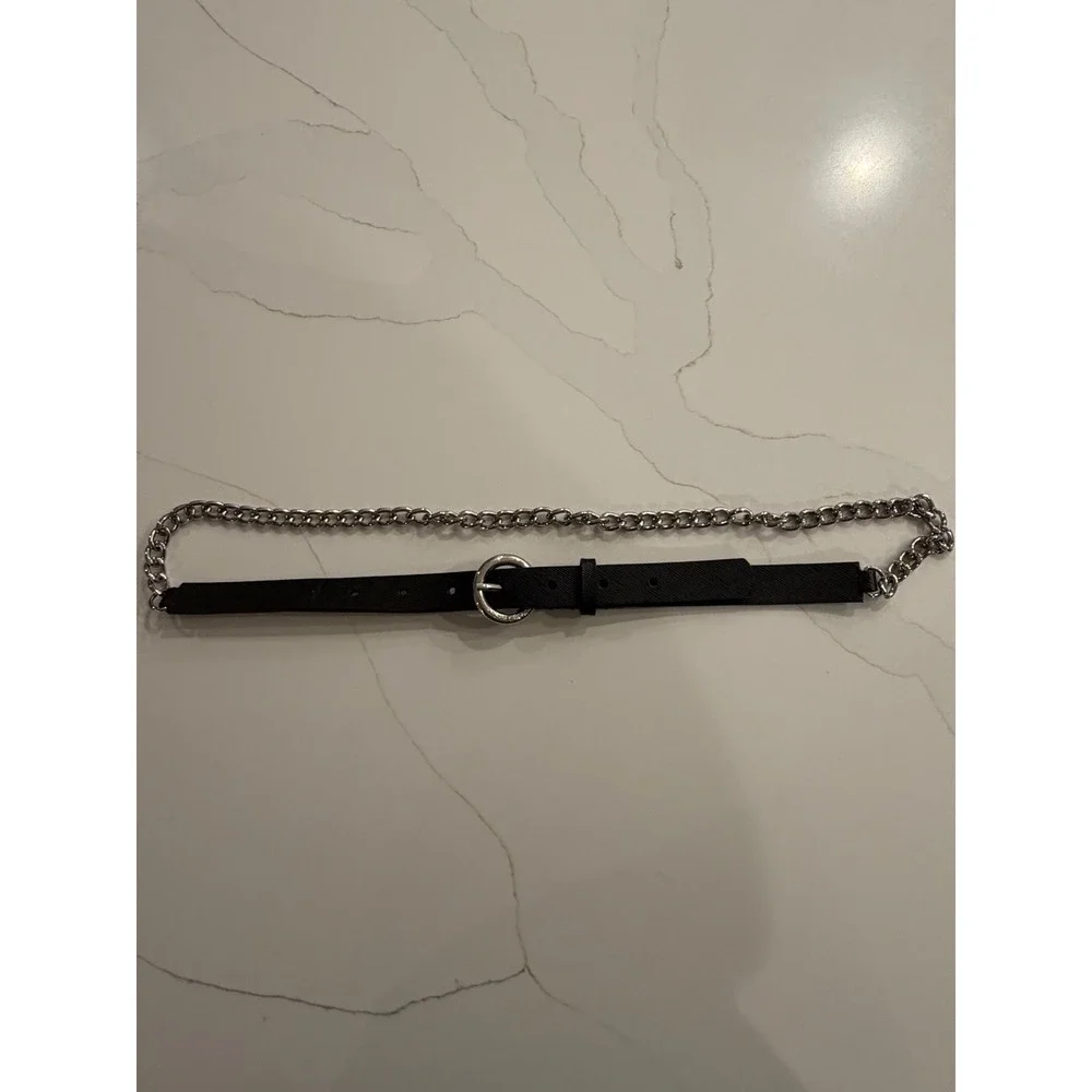 Michael Kors Black Saffiano Leather Silver Chain Skinny Belt Round Buckle‎ Sz L